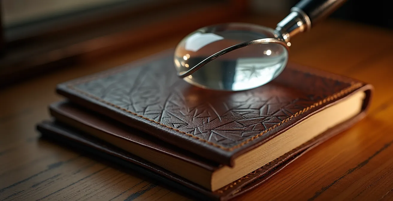 Vue macro de documents qualité avec loupe grossissante sur surface bois