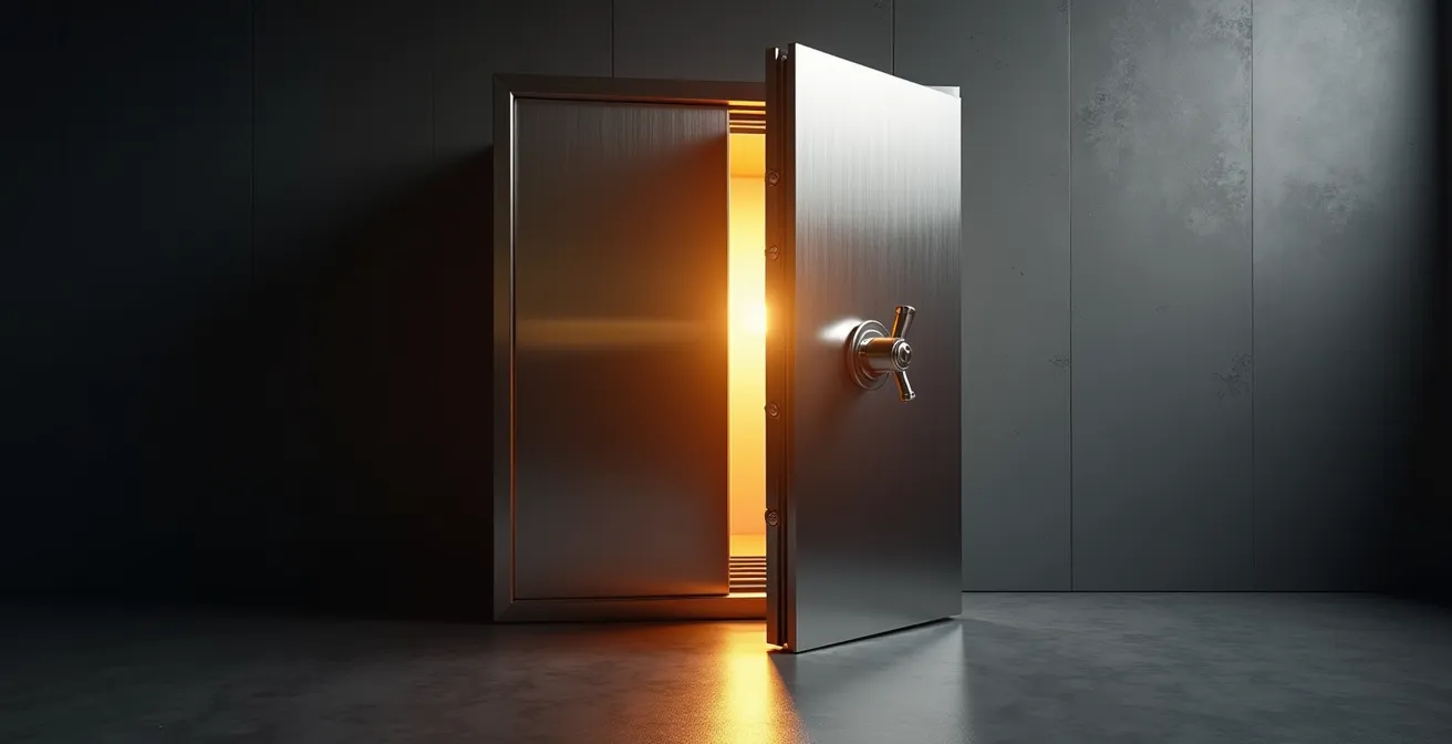 Coffre-fort moderne entrouvert avec lumière dorée émanant de l'intérieur
