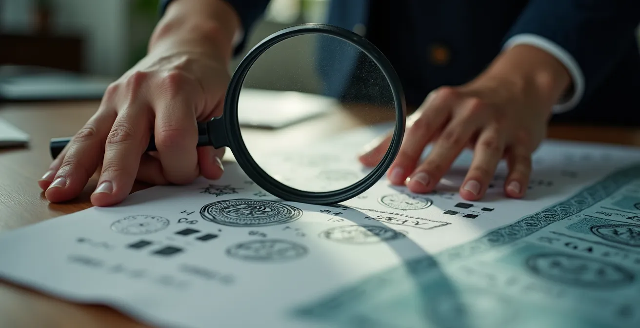 Mains examinant des documents d'ancrage local avec une loupe