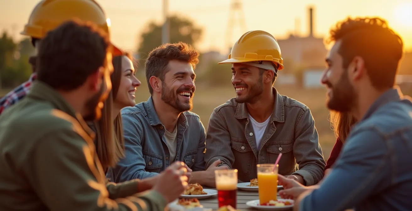 Équipe souriante d'employés lors d'un événement d'entreprise en extérieur
