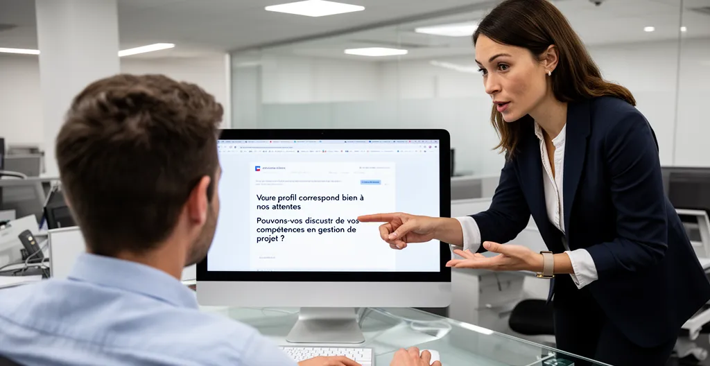 Conseillère emploi intérim expliquant offres sur écran à candidat Pamiers